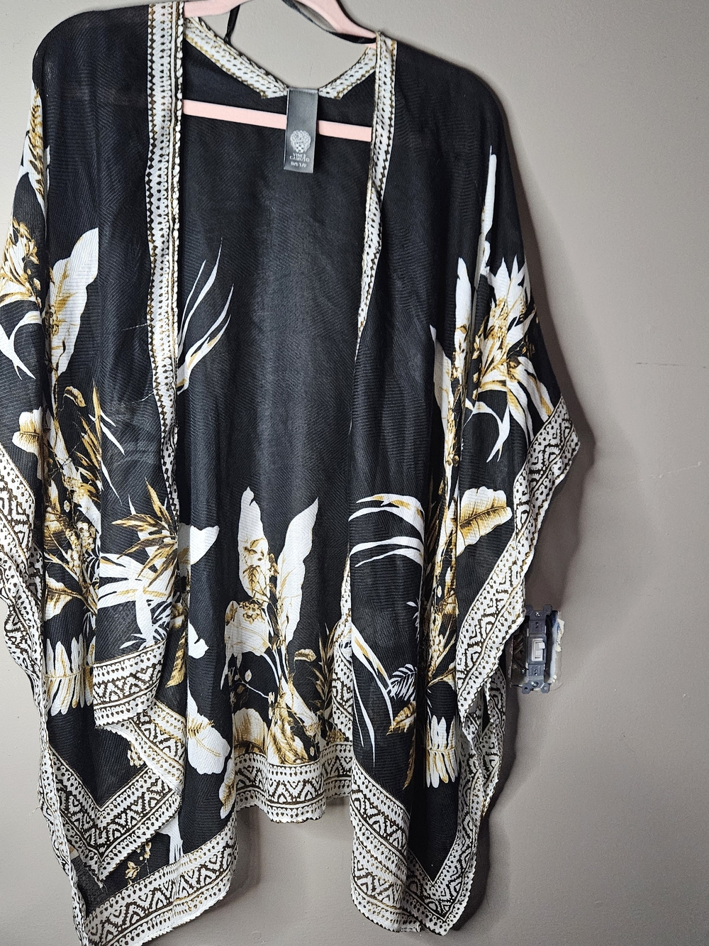 Vince Camuto Black and Gold Trim Open-Front Sheer Cardigan